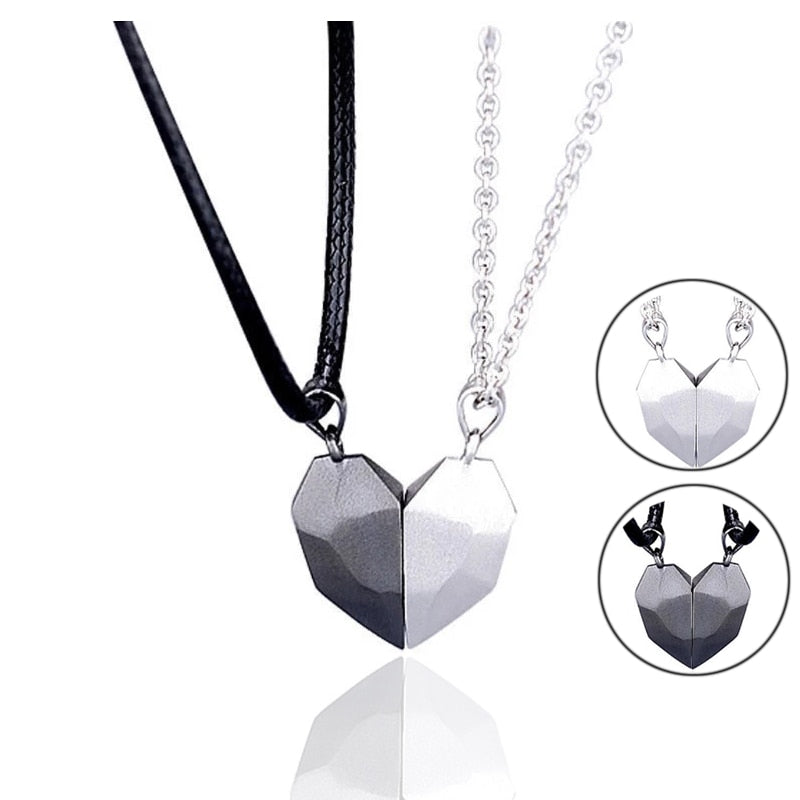 2-Piece Magnetic Couple Necklace – Lovers Heart Pendant Distance Faceted Charm for Women |
