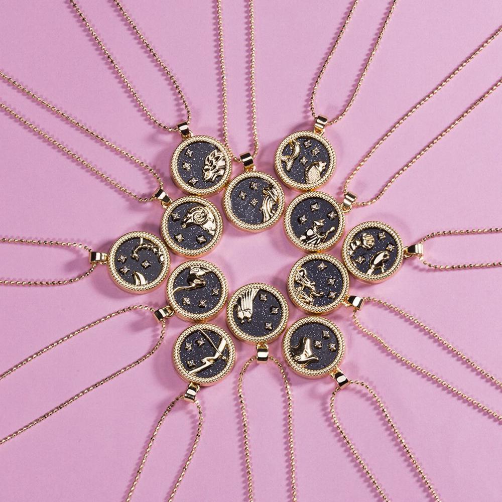 Fashion 12 Constellation Necklaces For Women Men Gold Chain Zodiac Sign Round Pendant Necklace Couple Jewelry Birthday Gift