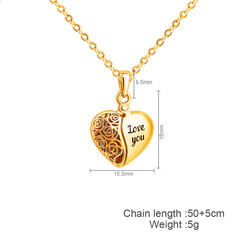 Heart shaped half hollow corroded letters Love you double open peach heart box pendant necklace female