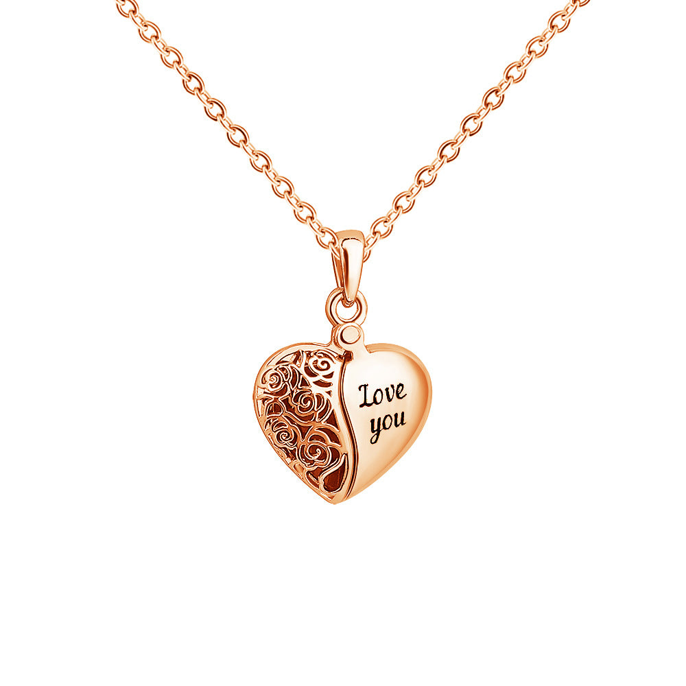 Heart shaped half hollow corroded letters Love you double open peach heart box pendant necklace female