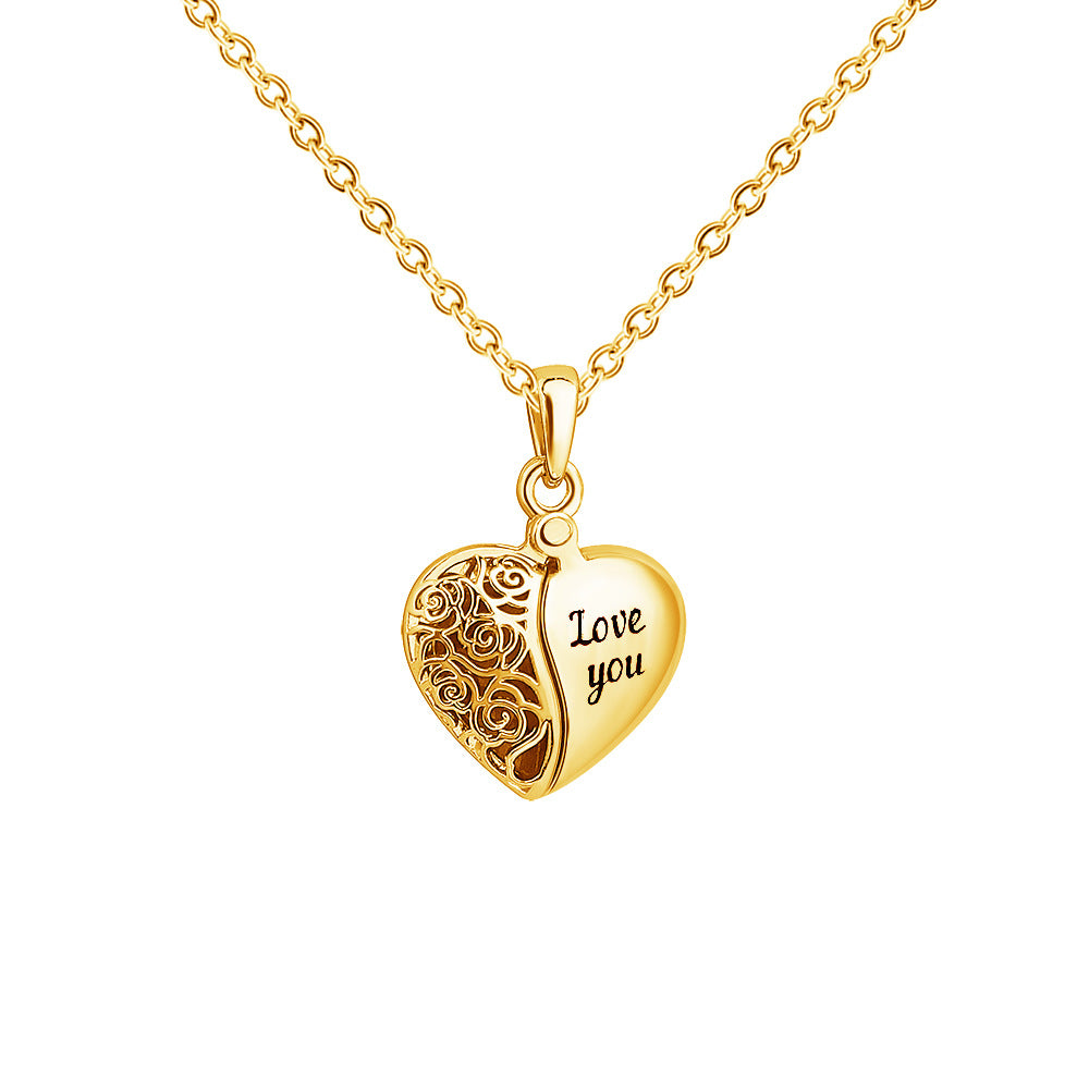 Heart shaped half hollow corroded letters Love you double open peach heart box pendant necklace female