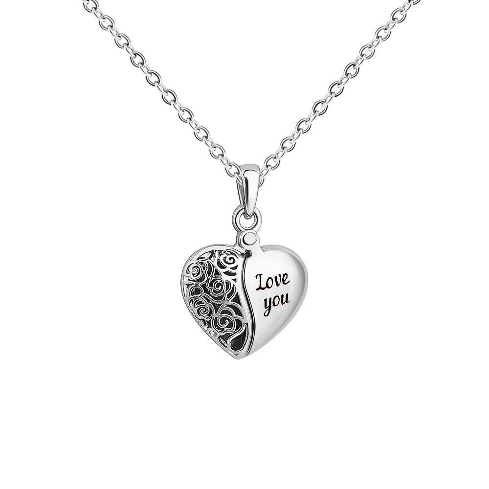 Heart shaped half hollow corroded letters Love you double open peach heart box pendant necklace female