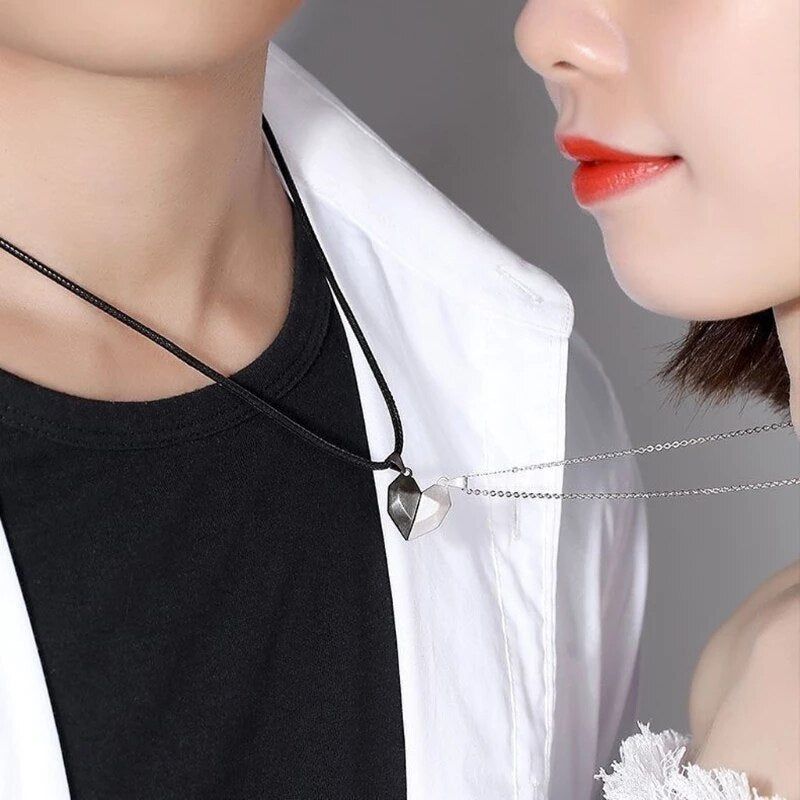 2-Piece Magnetic Couple Necklace – Lovers Heart Pendant Distance Faceted Charm for Women |