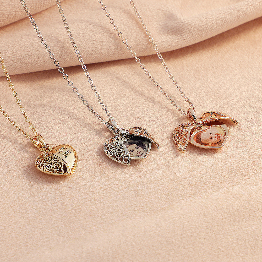 Heart shaped half hollow corroded letters Love you double open peach heart box pendant necklace female