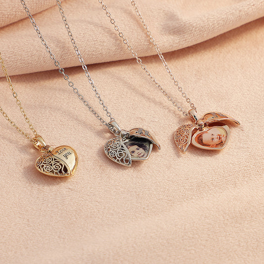 Heart shaped half hollow corroded letters Love you double open peach heart box pendant necklace female